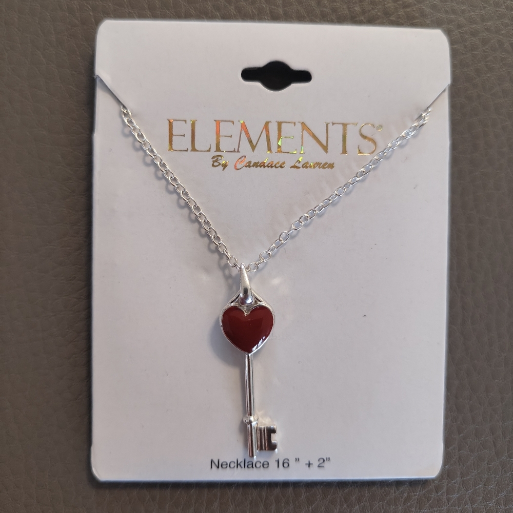 Silver and Red Heart & Key Pendant Necklace